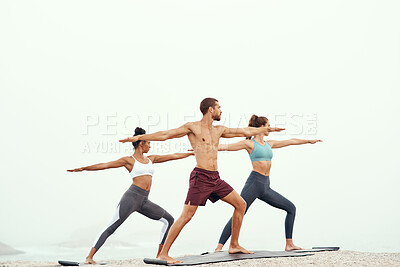 Buy stock photo People, stretching and yoga at beach for fitness, exercising and mindfulness or wellness outdoor. Training, friends or man and women with cardio for flexibility, strength and balance or mental health