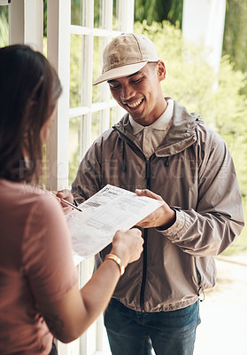 Buy stock photo Delivery, signature and courier man with customer at front door of home with paperwork for safety. Invoice, document and sign paper for receipt of mail, shipping of package and distribution service 