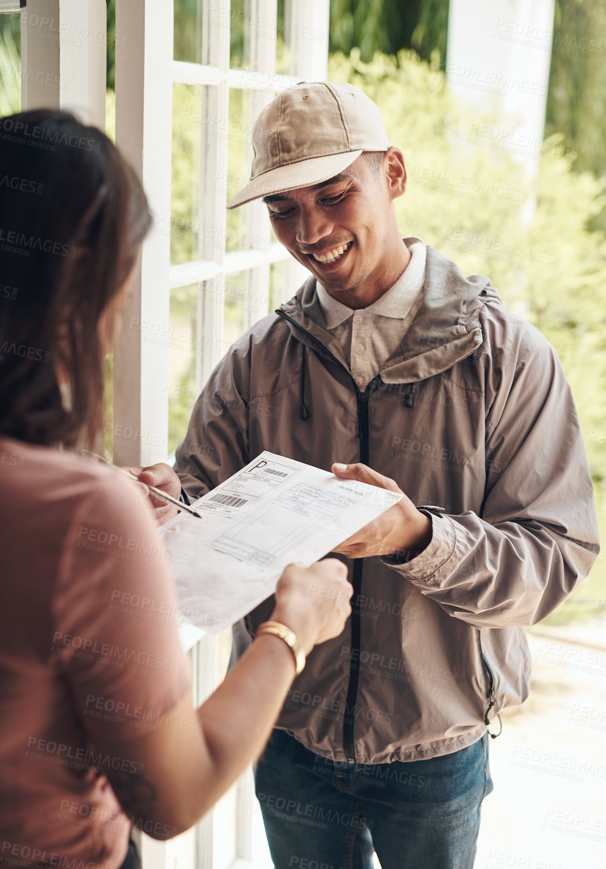Buy stock photo Delivery, signature and courier man with customer at front door of home with paperwork for safety. Invoice, document and sign paper for receipt of mail, shipping of package and distribution service 
