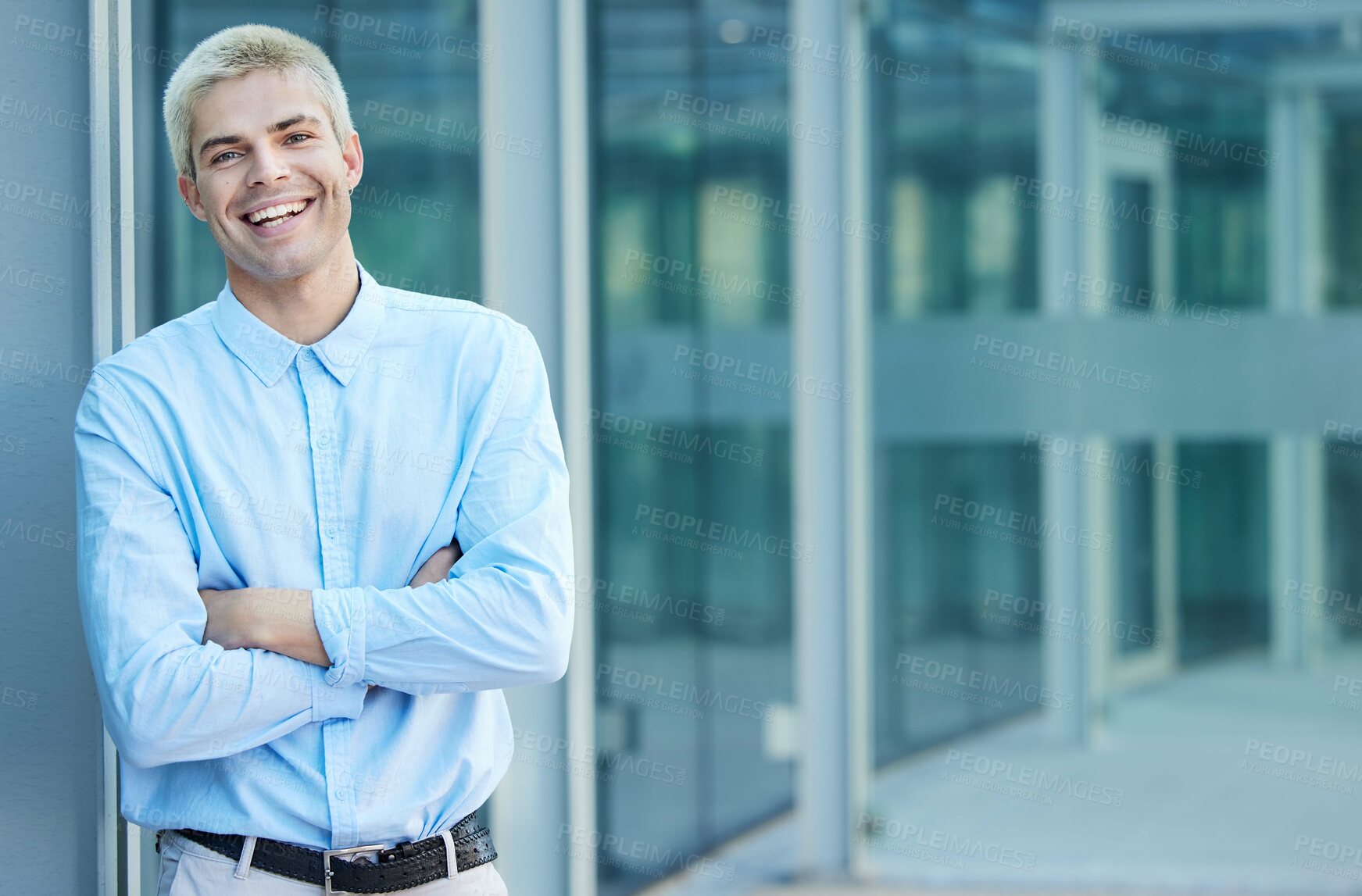 Buy stock photo Portrait, happy and man as estate agent in outdoor for business, viewing and property for client in Dubai. Male person, professional and smile in city for listing, sale or rental in commercial space