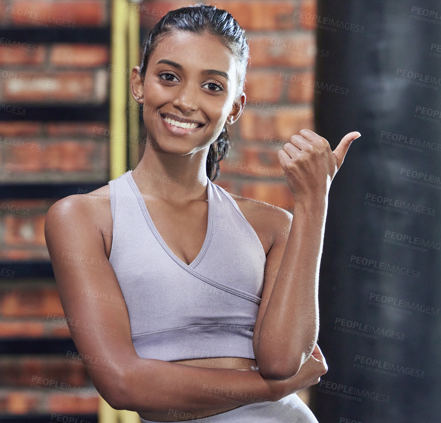 Buy stock photo Woman, gym and thumbs up for fitness with sport for health, wellness and training by boxing exercise. Happy, active and female athlete with gesture in portrait for motivation or support with goals