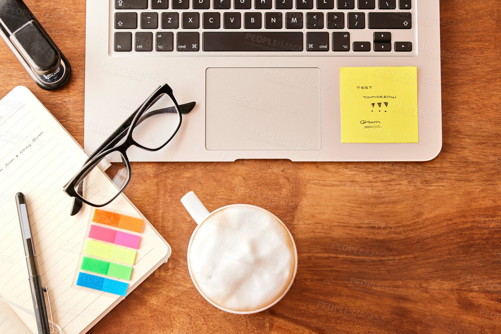 Buy stock photo Top view, stationary and laptop on table with coffee in morning for daily routine to start studying for test. Caffeine beverage, desk and technology for internet, search and journal for notes on exam