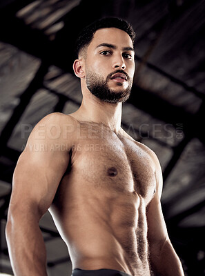 Buy stock photo Man, portrait and shirtless muscle in gym, confident and bodybuilder fitness for stomach or torso. Male person, topless and sports exercise for strong core abs, athlete training and power body care