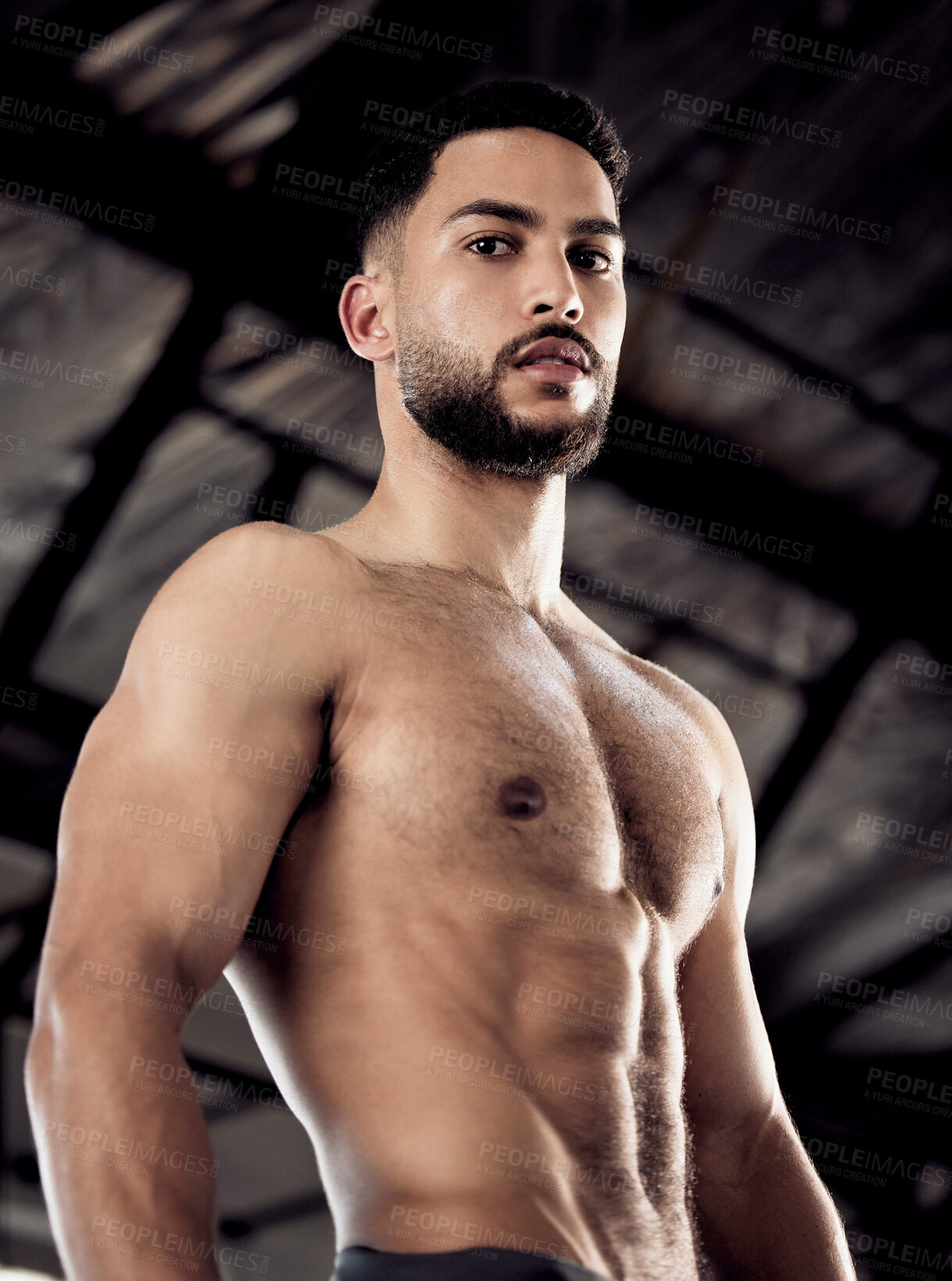 Buy stock photo Man, portrait and shirtless muscle in gym, confident and bodybuilder fitness for stomach or torso. Male person, topless and sports exercise for strong core abs, athlete training and power body care