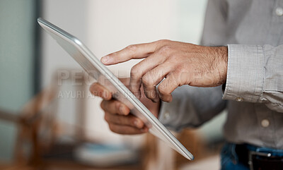 Buy stock photo Hands, tablet and businessman in office for research with financial policy review for inflation. Scroll, professional and finance advisor working on startup budget planning with digital technology.