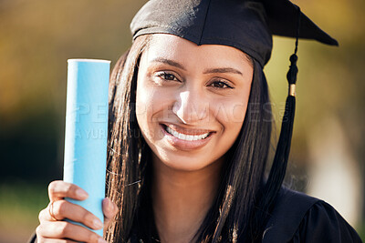 Buy stock photo Happy woman, portrait and graduation with certificate for education, scholarship or achievement in nature. Face of young female person, student or graduate with smile for diploma, degree or milestone