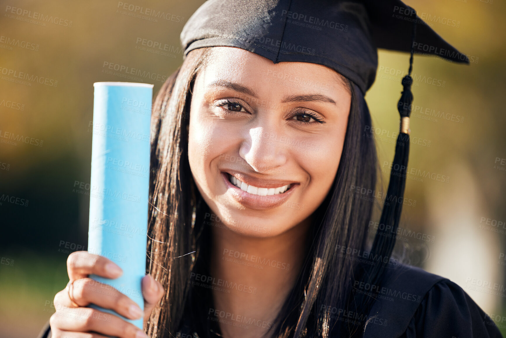 Buy stock photo Happy woman, portrait and graduation with certificate for education, scholarship or achievement in nature. Face of young female person, student or graduate with smile for diploma, degree or milestone