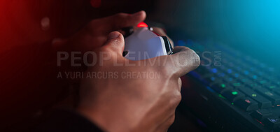 Buy stock photo Hands, joystick and keyboard for esports, online and gaming with person at home in dark room. Night, gen z and gamer playing for augmented reality, video game or live streaming in bedroom in neon