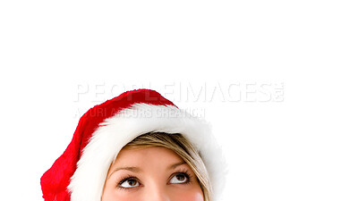 Buy stock photo Woman, Santa hat and thinking in studio with space for mockup, holiday and headshot by white background. Girl, model or person with Christmas fashion, promotion and festive celebration for culture