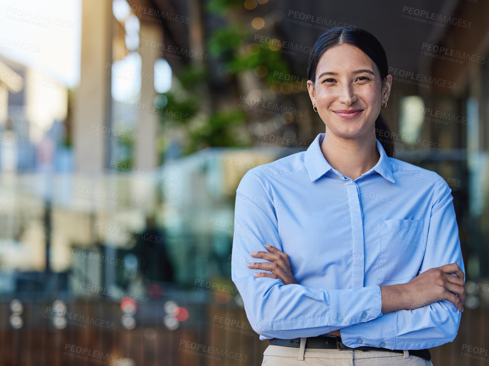 Buy stock photo Business portrait, woman and restaurant owner with arms crossed at entrance for startup, service or confidence. Entrepreneur, face and girl at cafe with career, goal and pride for coffee shop success