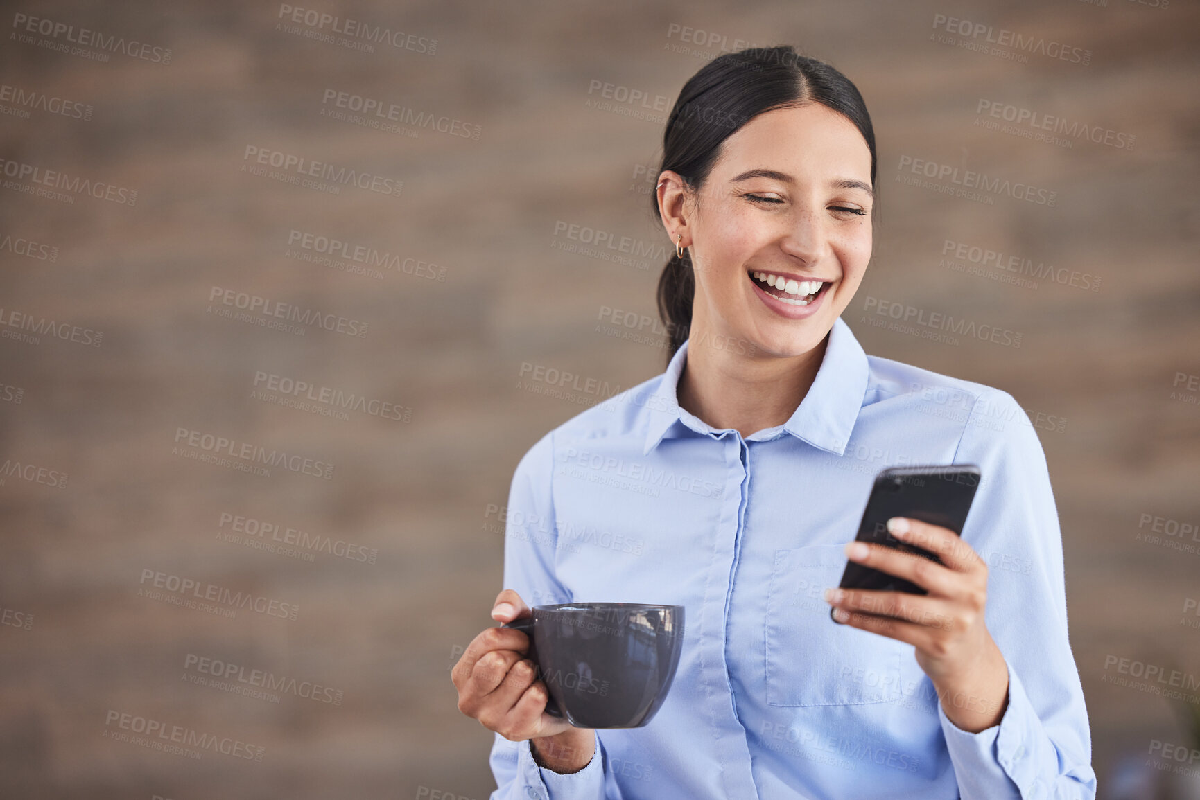 Buy stock photo Business woman, phone and coffee with laughing on tech break with social media and meme scroll. Company, technology and funny mobile message of a professional with online and digital app of worker