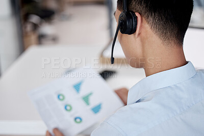 Buy stock photo Businessman, call center and documents with headphones for consulting, finance or reports at office. Man, consultant or financial advisor with paperwork for online advice on budget or data analytics