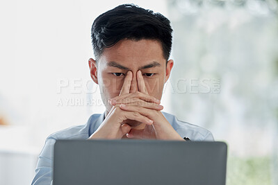 Buy stock photo Asian man, laptop and headache with stress in mistake, debt or financial crisis from stock market crash. Businessman or frustrated broker with migraine on computer in burnout, anxiety or depression