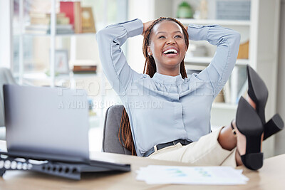 Buy stock photo Business, relax and black woman at desk, office and done with project, success or laptop. African person, employee or consultant with computer, achievement or happiness with opportunity or stretching