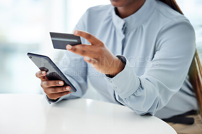 Buy stock photo Business, hands and black woman with credit card, smartphone and typing with connection, payment and online banking. Closeup, African person and consultant with cellphone, ecommerce and discount deal