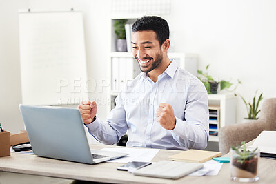 Buy stock photo Business man, winner and laptop in office with stock market growth and financial success with fist. Happy, smile and investment profit with accounting promotion and excited professional at a desk