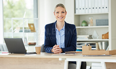 Buy stock photo Business woman, portrait and corporate consultant with confidence and smile from job. Consultation agency, professional and happy employee at office desk with about us and laptop in startup workplace