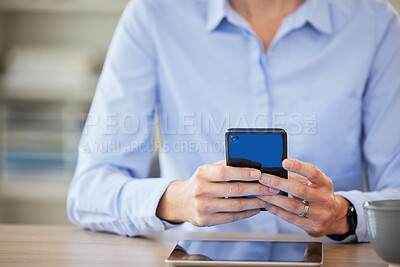 Buy stock photo Business woman, phone and hands at office desk with tech, social media and online break at work. Text, website and internet search at a digital investment company with mobile networking at job