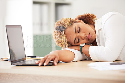 Buy stock photo Sleeping, business woman and tired from working on a laptop for company project and deadline. Fatigue, nap and rest of a office professional at a startup with stress and overworked at a online job