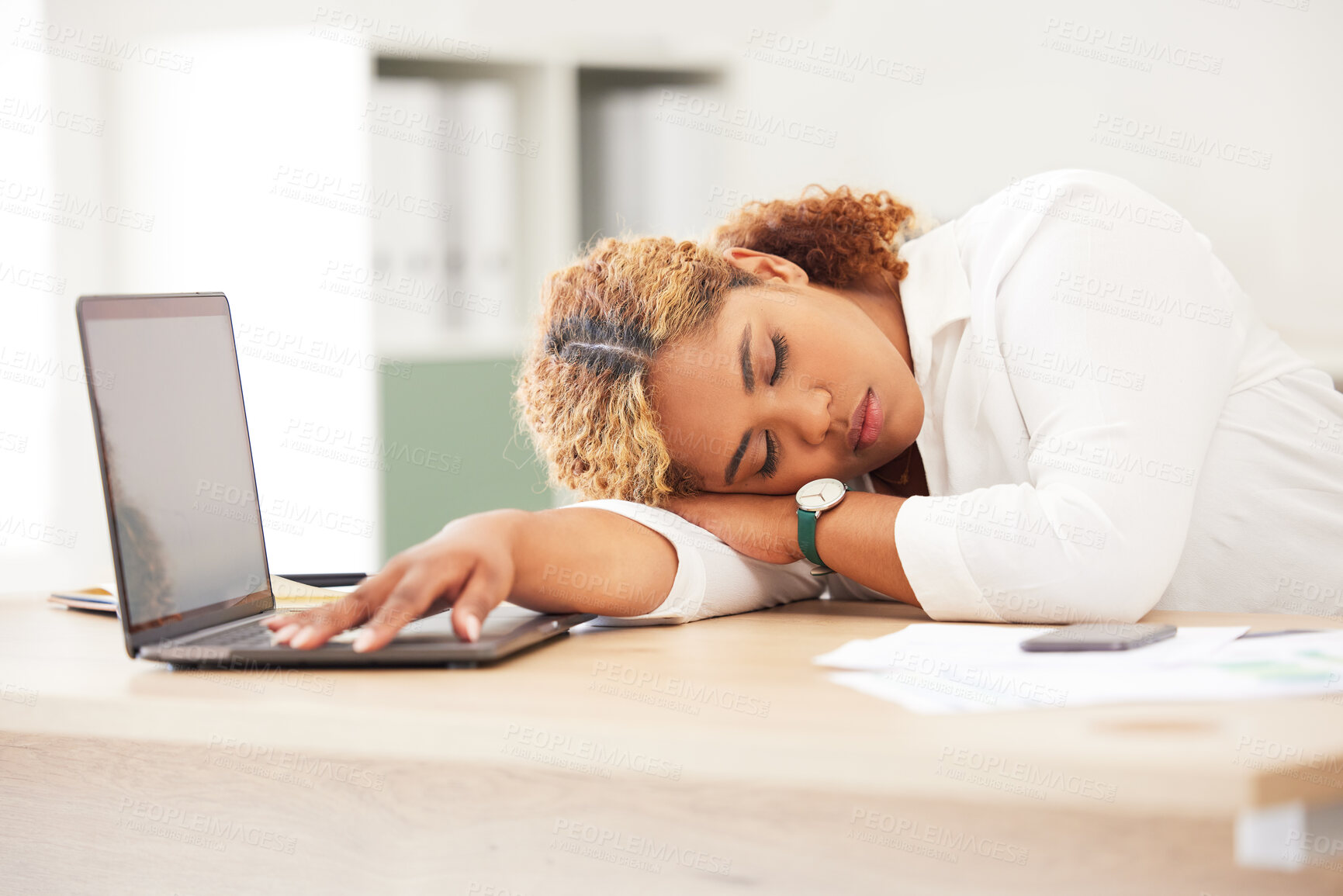 Buy stock photo Sleeping, black woman and tired from working on a laptop for company project and deadline. Fatigue, nap and rest of a office professional at a startup with stress and overworked at a online job