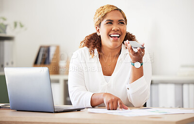 Buy stock photo Black woman, office and phone with voice recording and laugh at desk with paperwork and document. Work, professional and public relations employee with mobile conversation and online communication