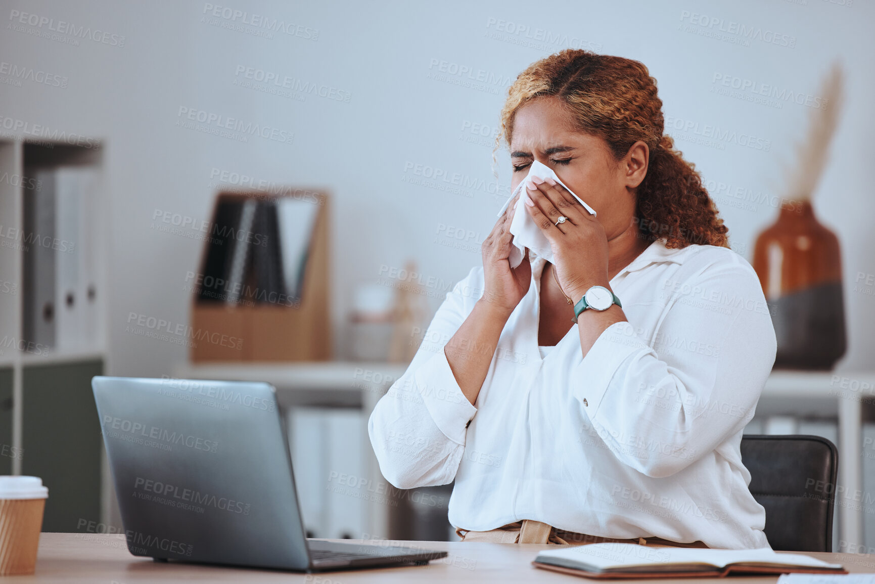 Buy stock photo Woman, sick and blowing nose in office with tissue for sneeze, allergies or sinusitis with laptop. Person, employee and toilet paper to stop bacteria, health and cleaning face with flu in workplace