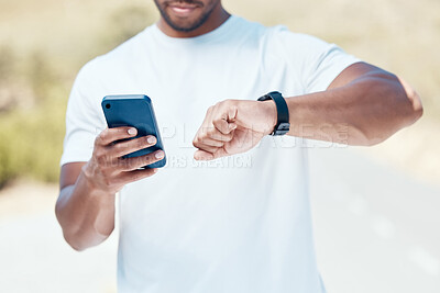 Buy stock photo Man, hands and time with phone or fitness watch in nature for tracking performance or workout schedule. Closeup of male person, runner or athlete checking wristwatch for monitoring outdoor exercise
