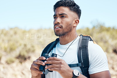 Buy stock photo Man, binocular and bird watching with hiking outdoor, surprise or confused with reaction for travel and nature. Adventure, journey and backpacking on holiday, expression and trekking for sightseeing