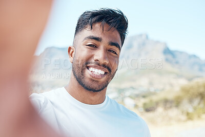 Buy stock photo Happy man, portrait and fitness with selfie for memory, photography or picture on mountain in nature. Face of young male person or athlete with smile for workout moment, exercise or training review