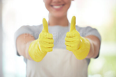 Buy stock photo Happy cleaner, hands and thumbs up with gloves for housekeeping, thank you or cleaning service at home. Closeup of person or maid with like emoji, yes sign or ok for review, vote or rating in hygiene