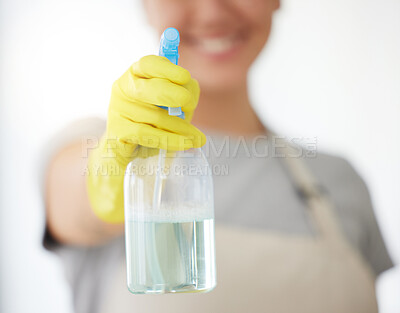 Buy stock photo Person, hands and spray bottle with gloves for housekeeping, cleaning or domestic service at home. Closeup of maid or cleaner with chemical liquid for surface disinfection, hygiene or dirt removal