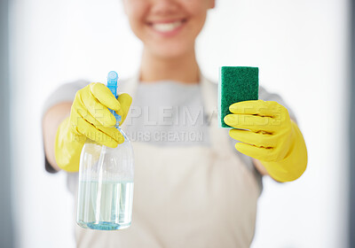 Buy stock photo Hands, sponge and spray bottle with gloves for housekeeping, cleaning or domestic service at home. Closeup of person, maid or cleaner with chemical for surface disinfection, hygiene or dirt removal
