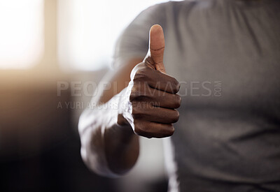Buy stock photo Fitness, hand and man at gym with thumbs up for exercise, support or workout challenge motivation. Sports, wellness and club member with emoji vote for training goal success, review and feedback