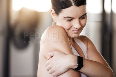 Buy stock photo Arm pain, stress and fitness woman at gym with anatomy, risk or emergency after training, exercise or cardio. Shoulder, injury and athlete with joint inflammation from body, workout or challenge