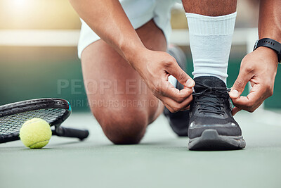 Buy stock photo Man, hands and tying shoes on tennis court getting ready for sports match, game or competition. Hand of male person or sport player tie shoelaces in preparation for fitness, workout or exercise 