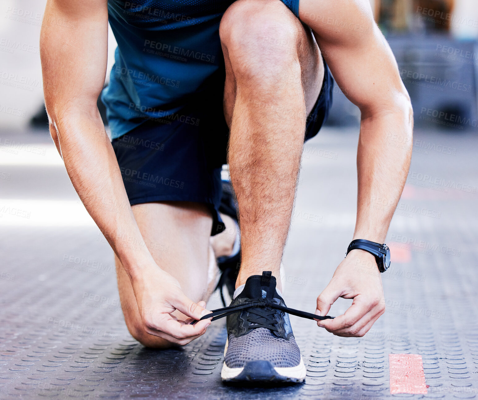 Buy stock photo Fitness, man and hands tie shoes in gym for running challenge, cardio workout or endurance training. Sports, closeup feet and male person fasten footwear for getting ready, warm up or start exercise