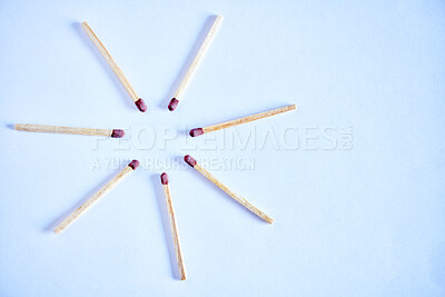 Buy stock photo Match, sticks and wood or fire starter, circle and flammable product in studio isolated on background. Spark, burn and flame for light or smoke of tobacco, smoking tools and flat lay for ignite