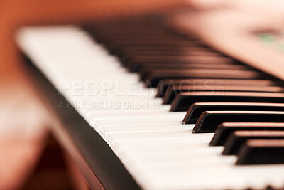 Buy stock photo Piano keys, music instrument and closeup for musician, concert and acoustic. Art, jazz and classical melody for creative talent and play, performance and sound from keyboard and musical entertainment