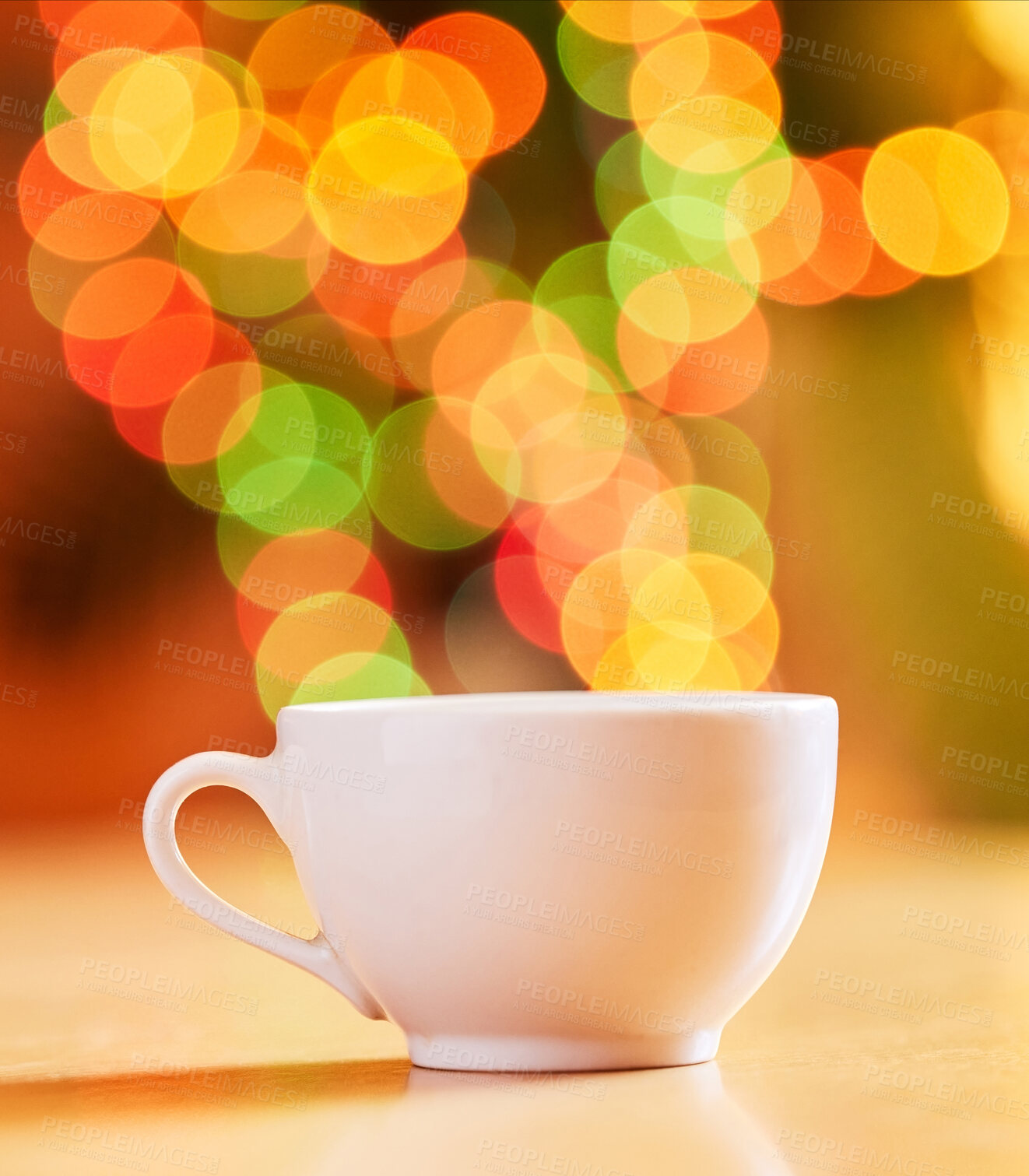 Buy stock photo Bokeh, background and cup for coffee or tea, fine china or porcelain with crockery for drink, catering and kitchenware. Color, light and ceramic drinkware for breakfast or break time beverage at cafe