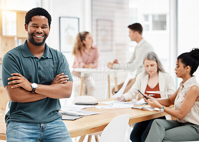 Buy stock photo African man, arms crossed and portrait in office with smile at startup with group, confident and pride for leadership. Person, entrepreneur and happy by team in workplace at creative agency in Quebec