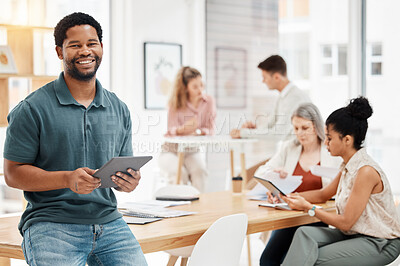 Buy stock photo African man, tablet and portrait in office with smile at startup with group, schedule and leadership with app. Person, entrepreneur and touchscreen by team for networking at creative agency in Canada