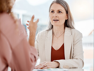 Buy stock photo Women, meeting and color sample in office for planning, design and decision for creative vision. Mature manager, employee and discussion with collaboration, teamwork and choice with swatch at startup