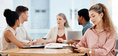 Buy stock photo Woman, reading and meeting with tablet in startup office for planning, color sample or app at interior design company. Person, touchscreen and typing by team in workplace at creative agency in Quebec