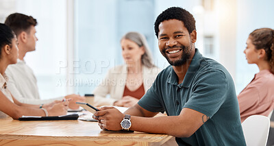 Buy stock photo African man, tablet and portrait at startup with smile in office with group, schedule and contact with app. Person, entrepreneur and touchscreen by team for networking at creative agency in Canada