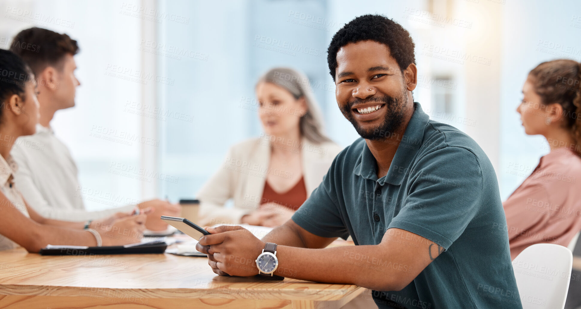 Buy stock photo African man, tablet and portrait at startup with smile in office with group, schedule and contact with app. Person, entrepreneur and touchscreen by team for networking at creative agency in Canada