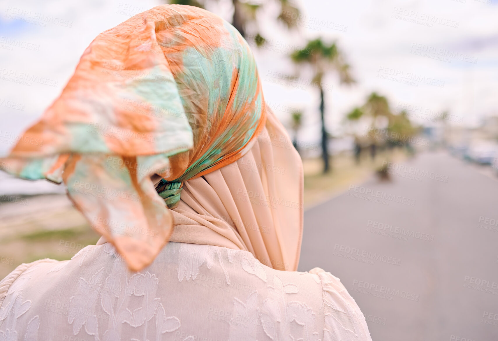 Buy stock photo Fashion, walking and back of Muslim woman in city with style, trendy clothes and casual outfit in Saudi Arabia. Religion, travel and Islamic person with confidence, pride and hijab on summer weekend