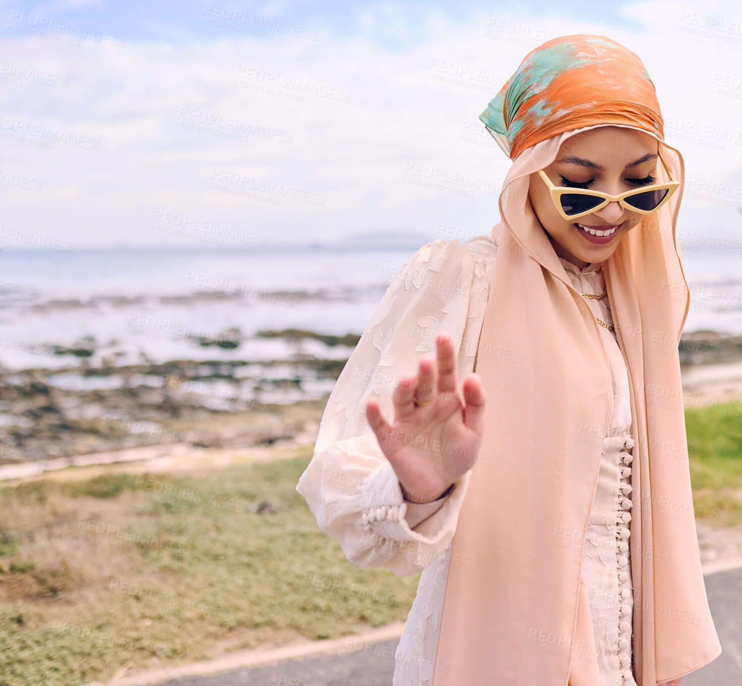 Buy stock photo Fashion, sea and happy Muslim woman in nature with style, trendy clothes and casual outfit in Saudi Arabia. Religion, hijab and Islamic person with confidence, pride and sunglasses on summer weekend
