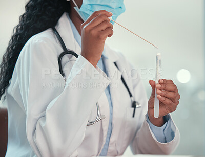 Buy stock photo Hospital, doctor and woman with sample for medical diagnosis, research and consulting for insurance. Professional, healthcare and person with swab container for test results, service and wellness