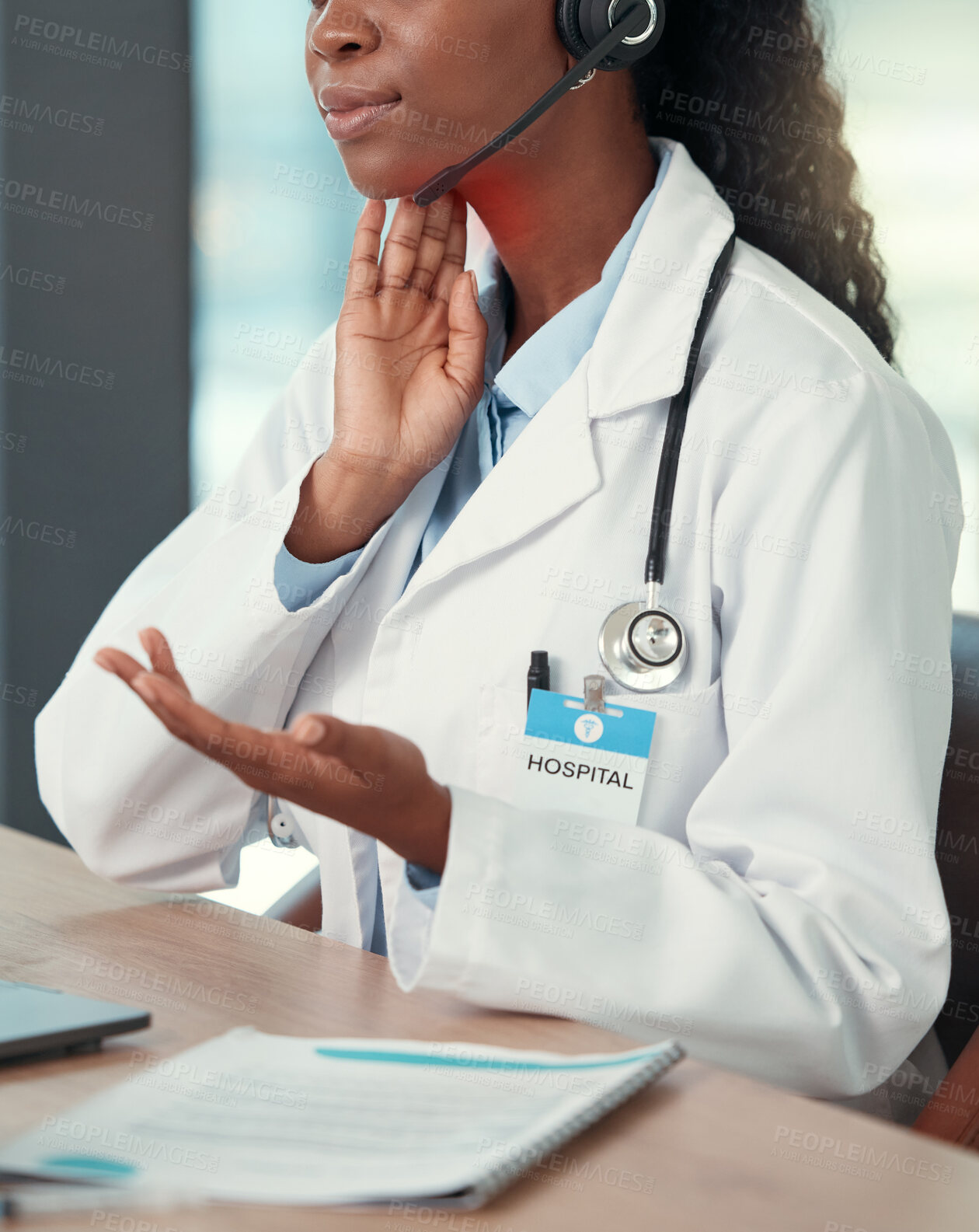 Buy stock photo Telehealth, sore throat and doctor in hospital for medical advice, online consulting and diagnosis. Healthcare, mockup and black woman with virus, infection and red thyroid pain for wellness service