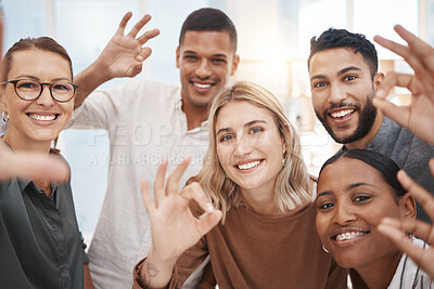 Buy stock photo Selfie, smile and diversity at office with OK hand sign, trust agreement and support for success together. Gesture, emoji and people with professional group, feedback or review with vote or like